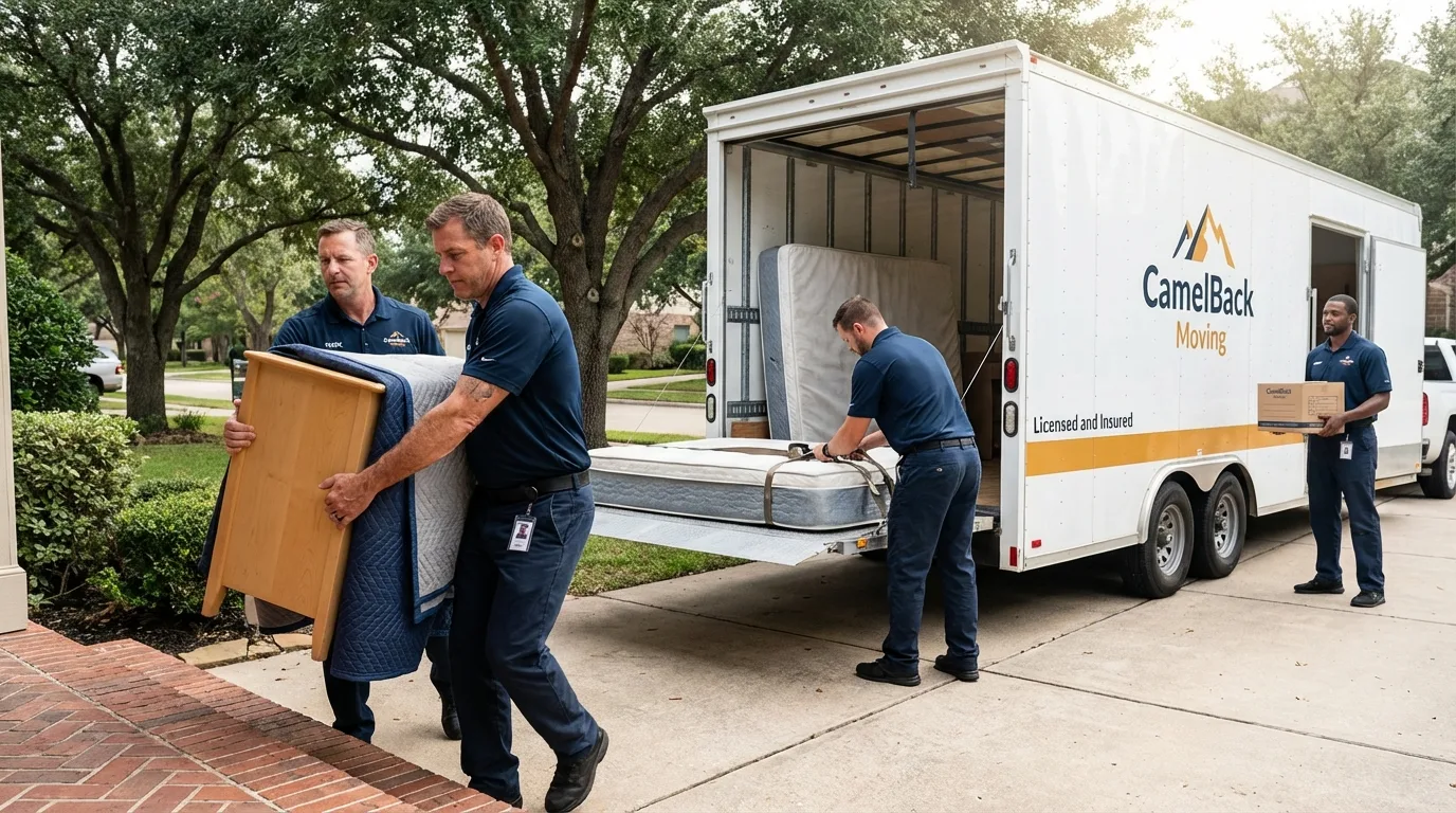 Crew loading residential truck for cross-state move from Clarksville, AR