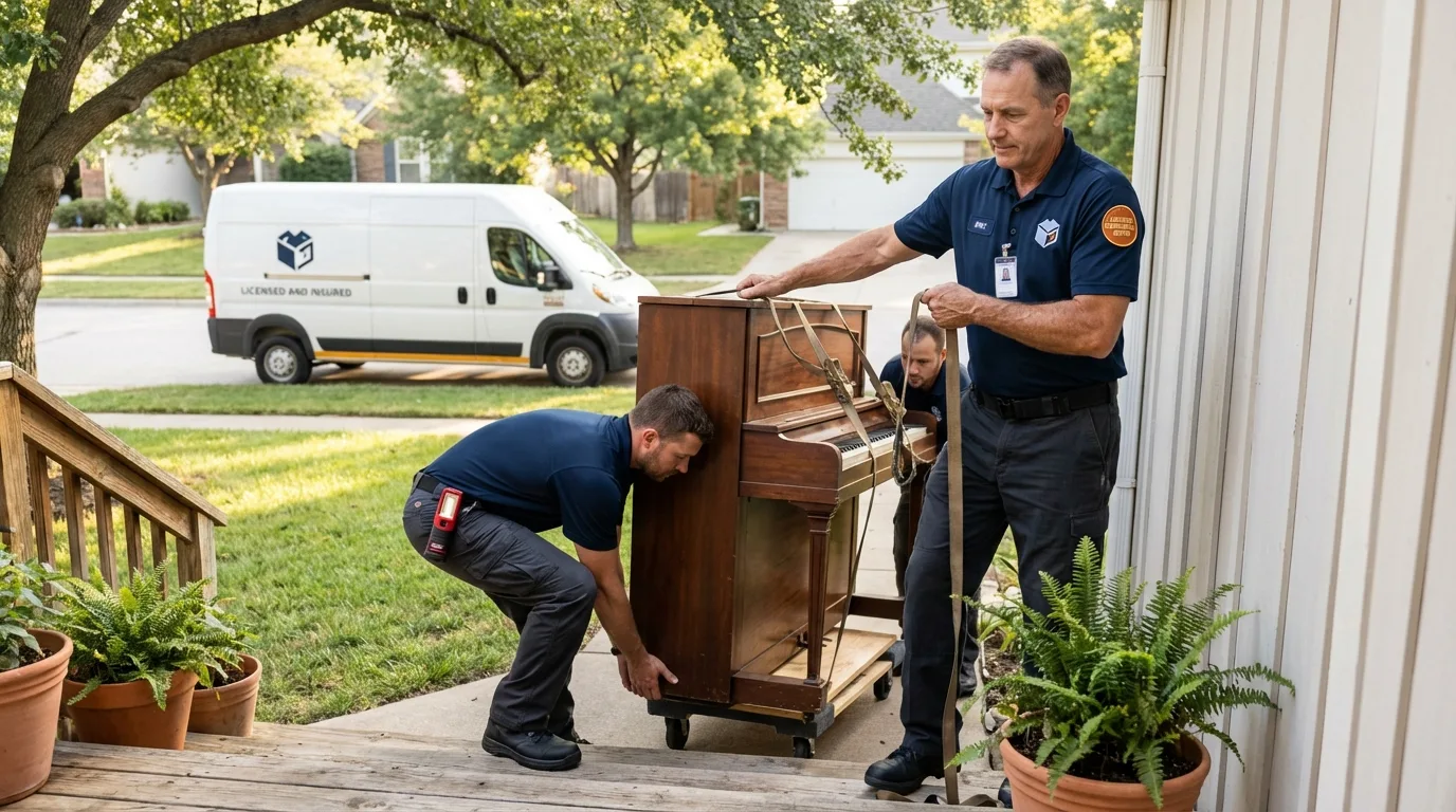Licensed piano movers securing grand piano in Clarksville, AR
