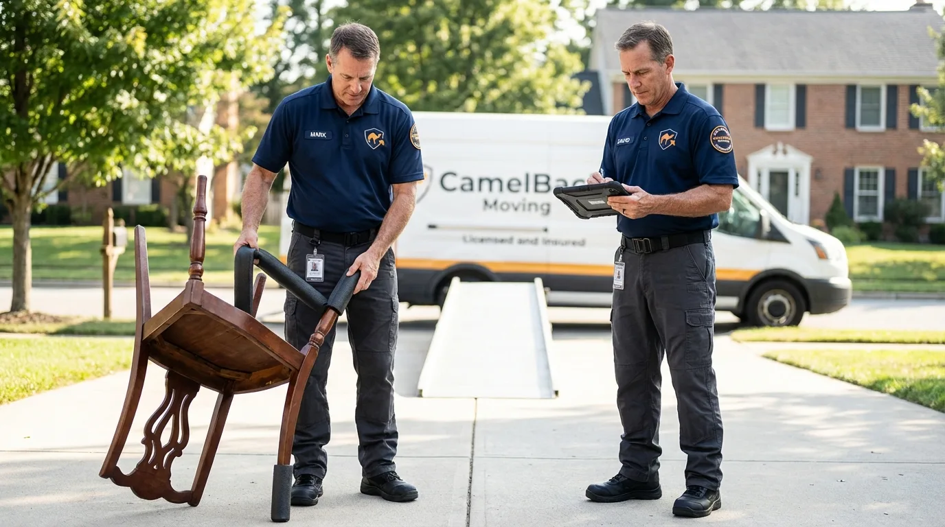 Movers inspecting furniture for damage prevention before loading in Clarksville, AR