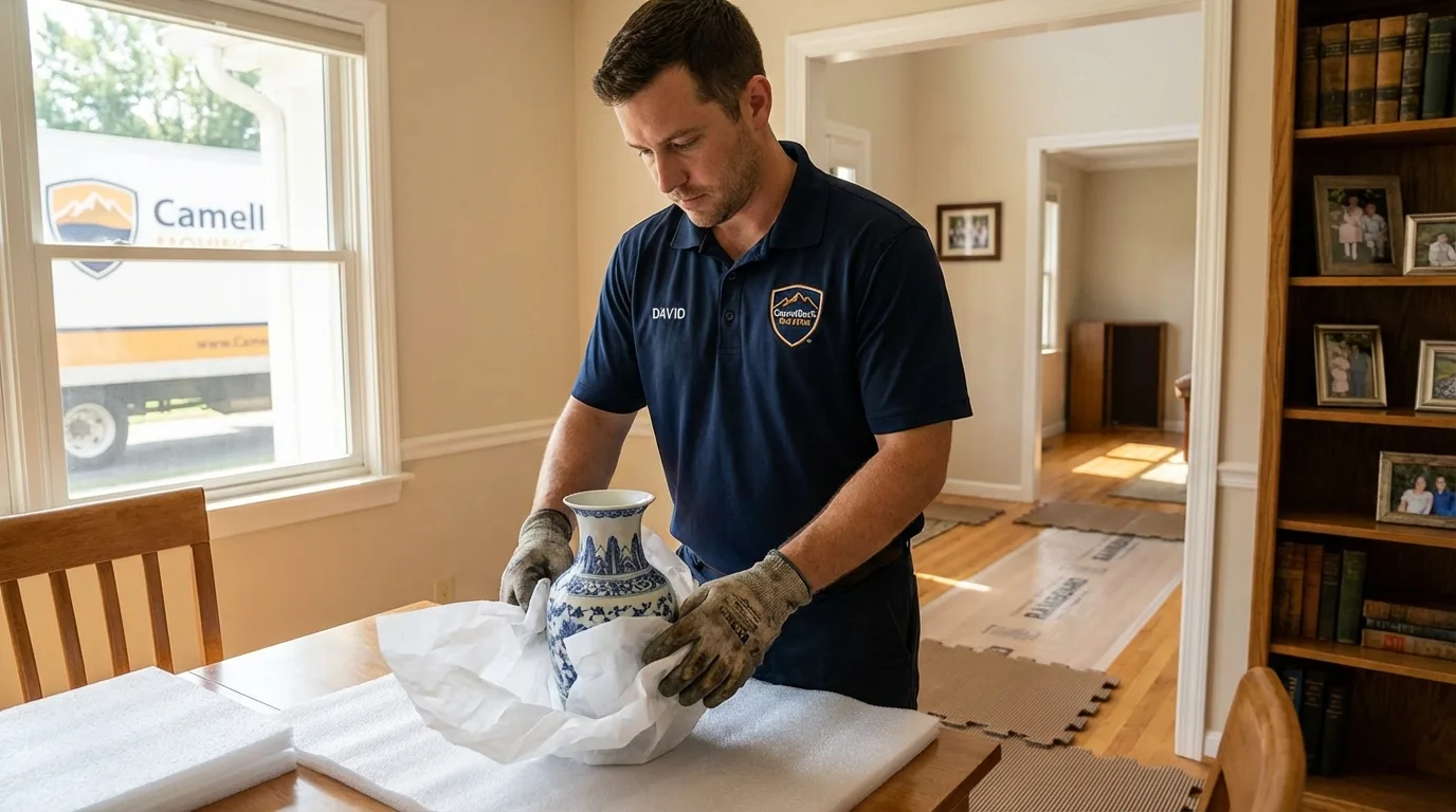 Professional crew carefully wrapping antique vase for senior downsizing move in Clarksville, AR
